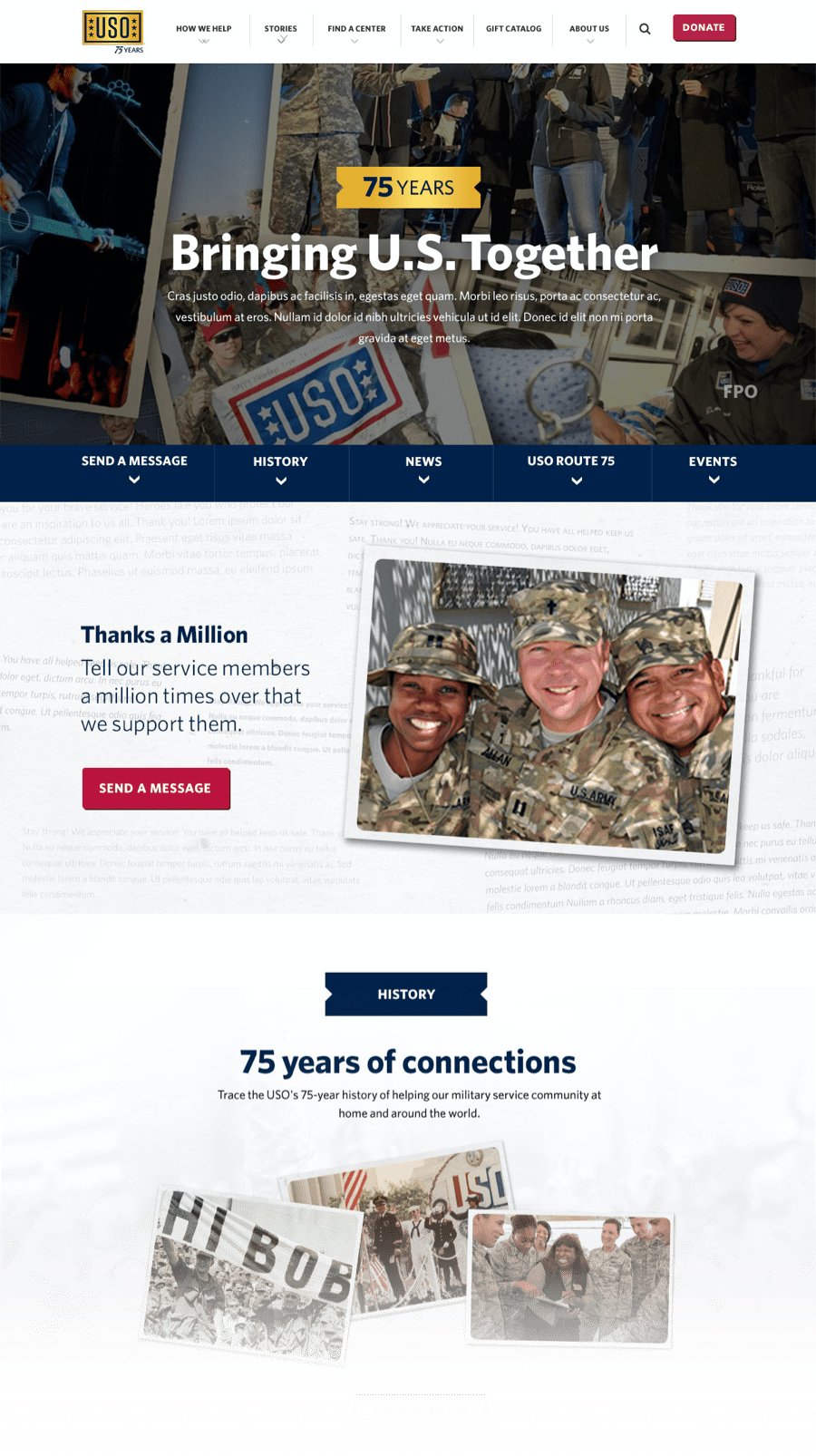 The page design for the homepage celebrating the 75th anniversary of USO