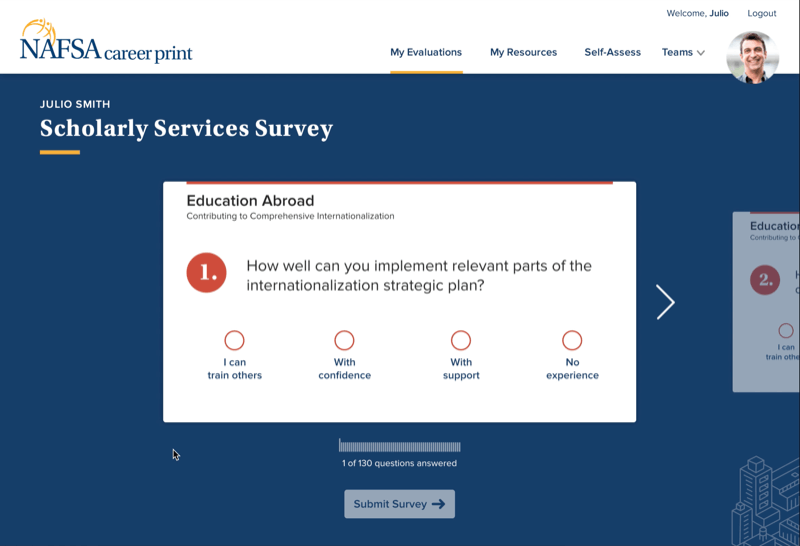 An animation of a survey being taken on the NAFSA Career Print