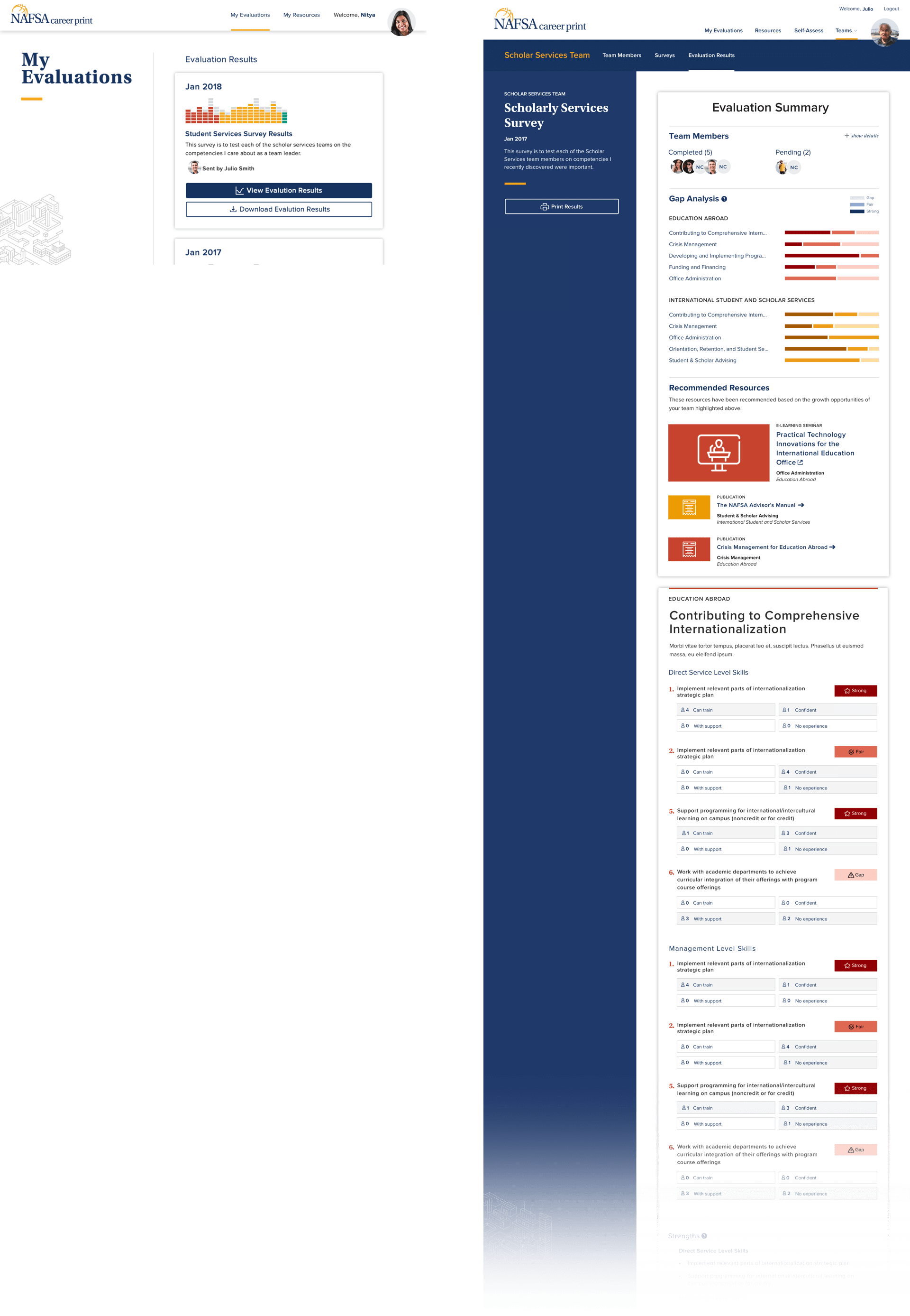 Evaluation results screens for the NAFSA Career Print