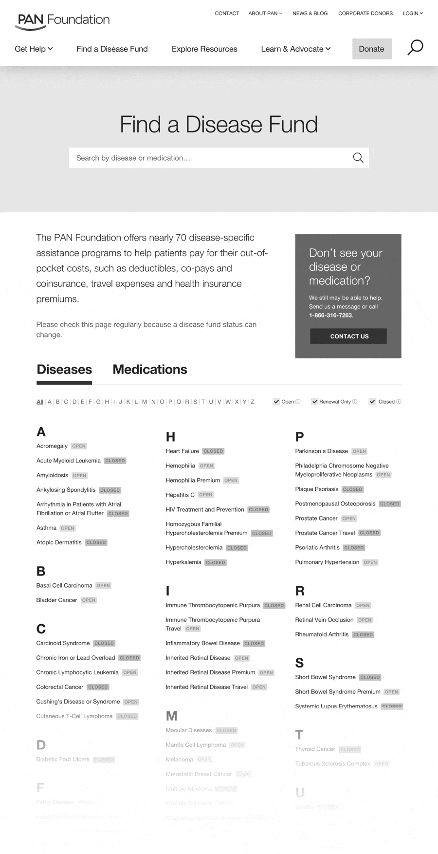 The disease fund search page