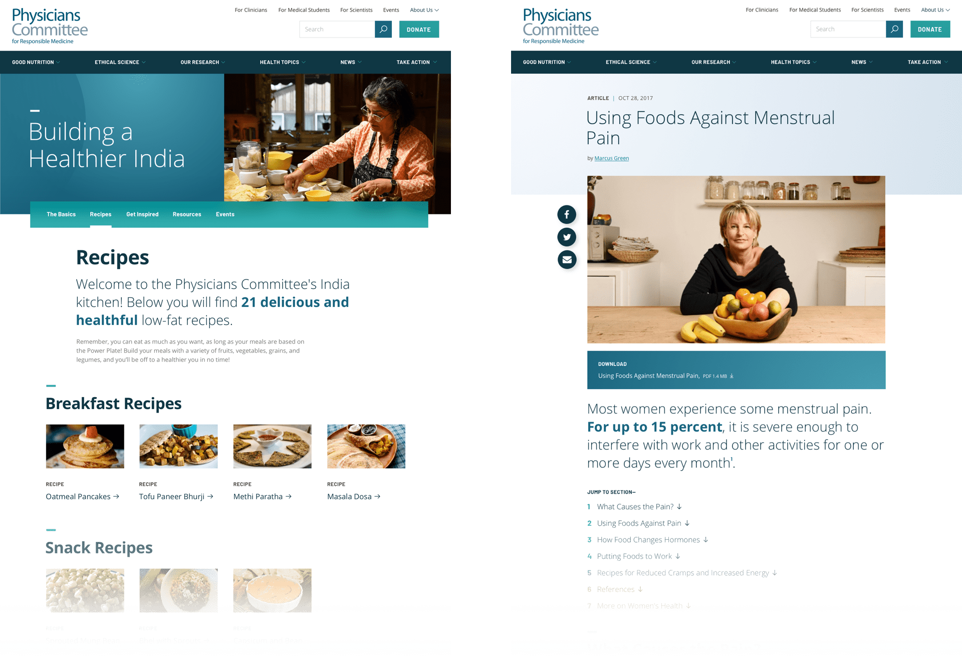 Designs for a microsite page and an article page