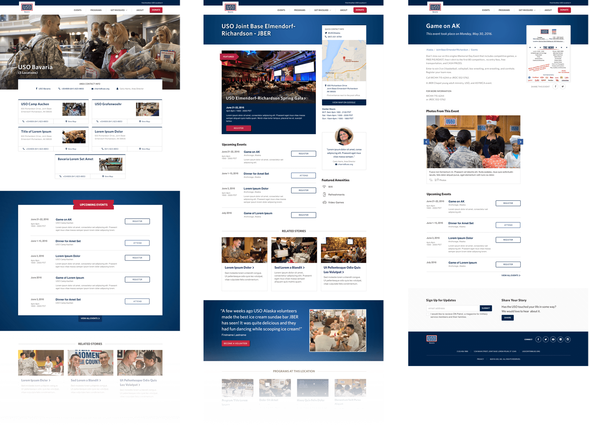 Designs for pages from the USO center microsites