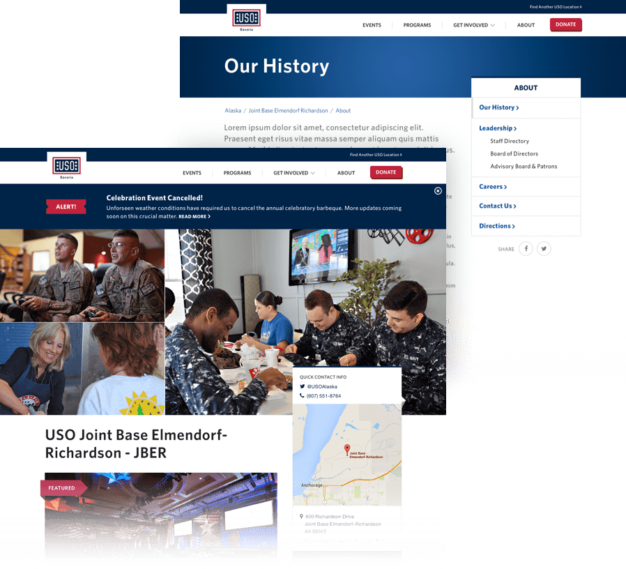 Designs for pages from the USO center microsites