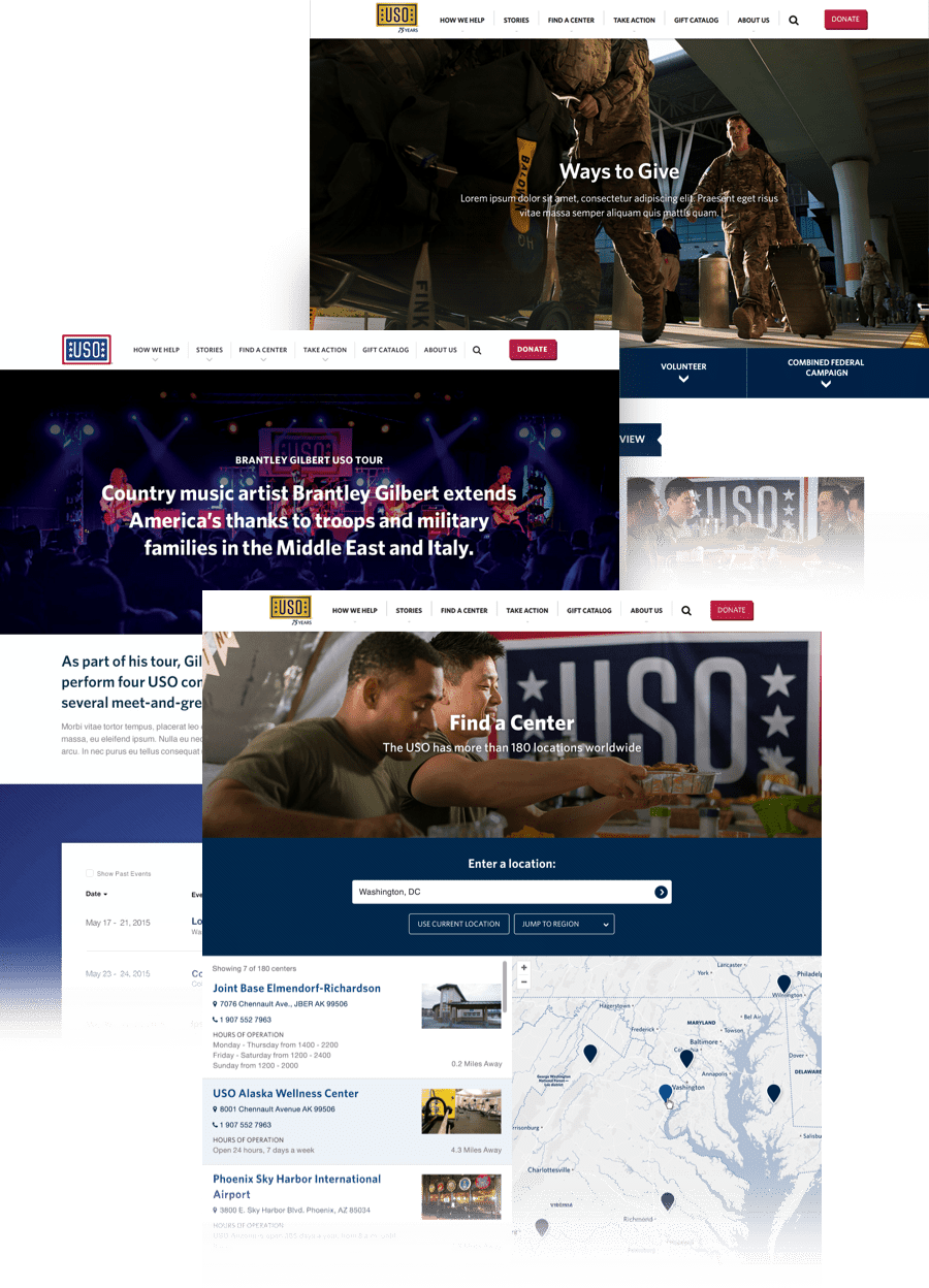 Designs for pages from the main USO website